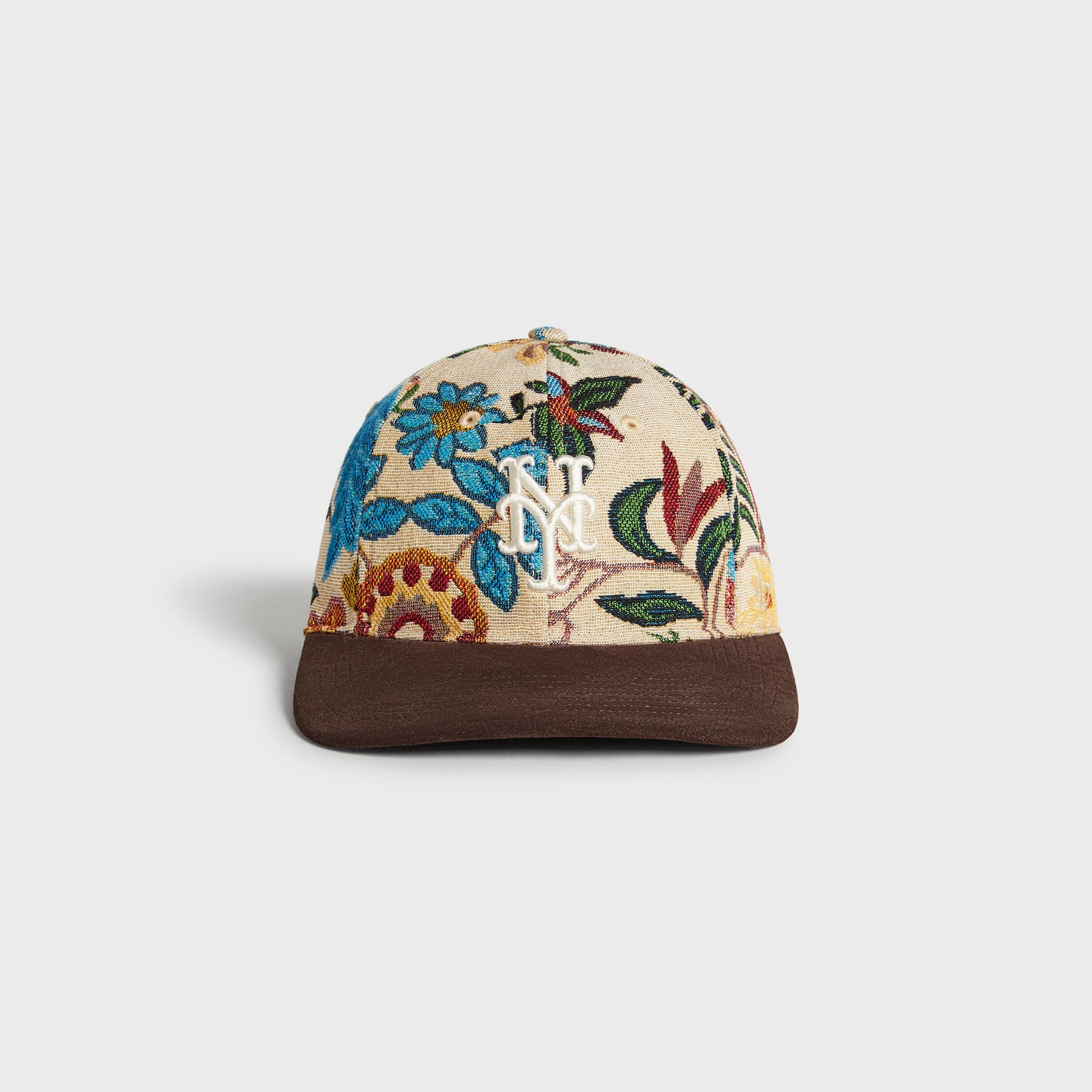 Kith & '47 New York Mets Tapestry Franchise cap in Durum, front view with floral jacquard crown and brown suede brim
