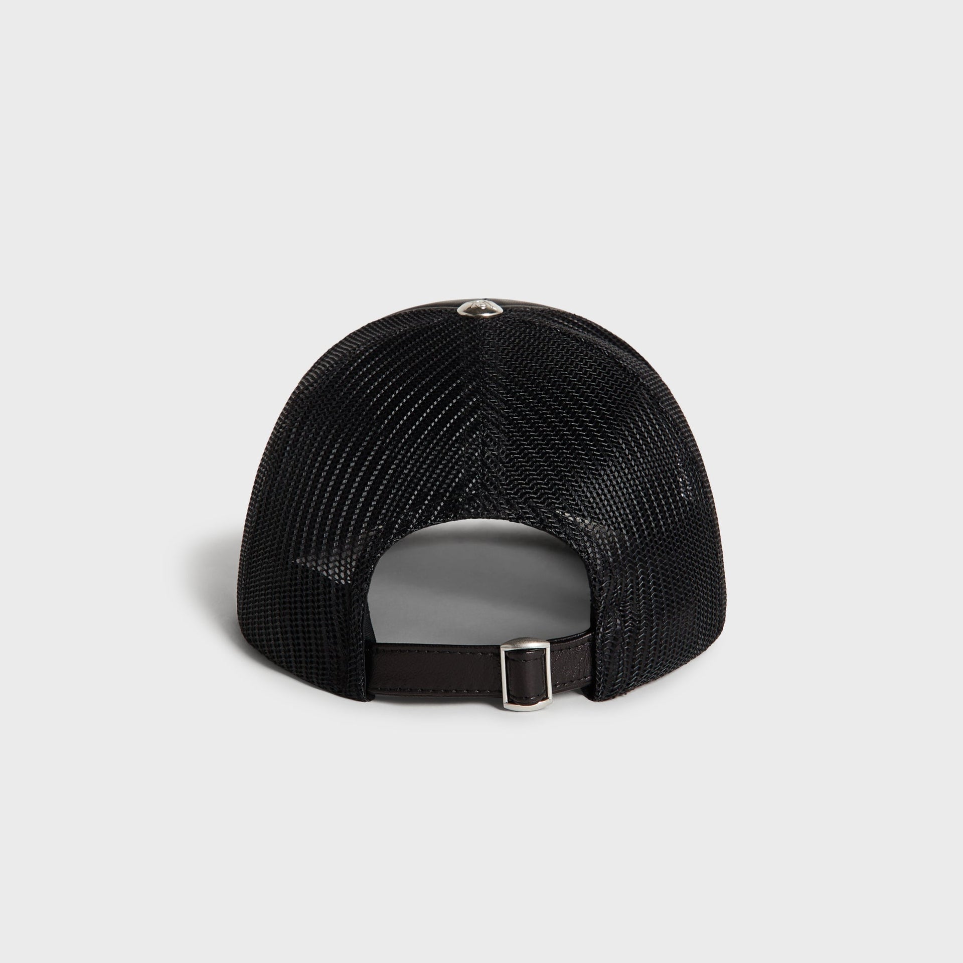 Kith Smooth Leather Nolan Trucker Hat in Black, back view showing mesh panels and strap adjuster