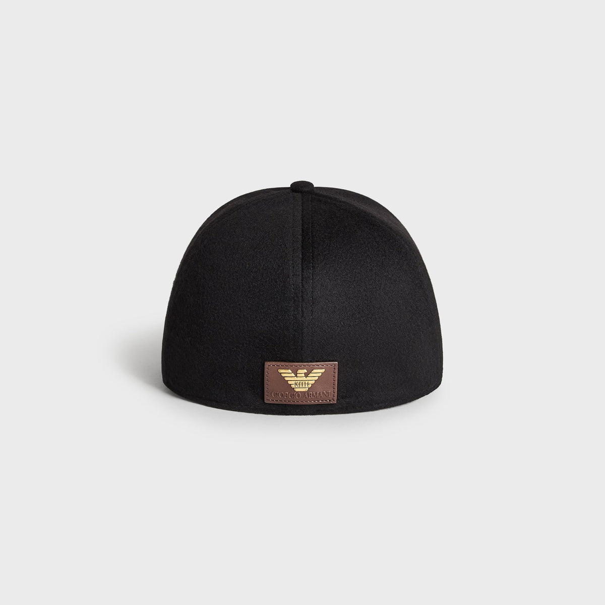 Giorgio Armani & Ronnie Fieg for '47 black wool fitted cap, back view with brown leather Kith Giorgio Armani eagle patch