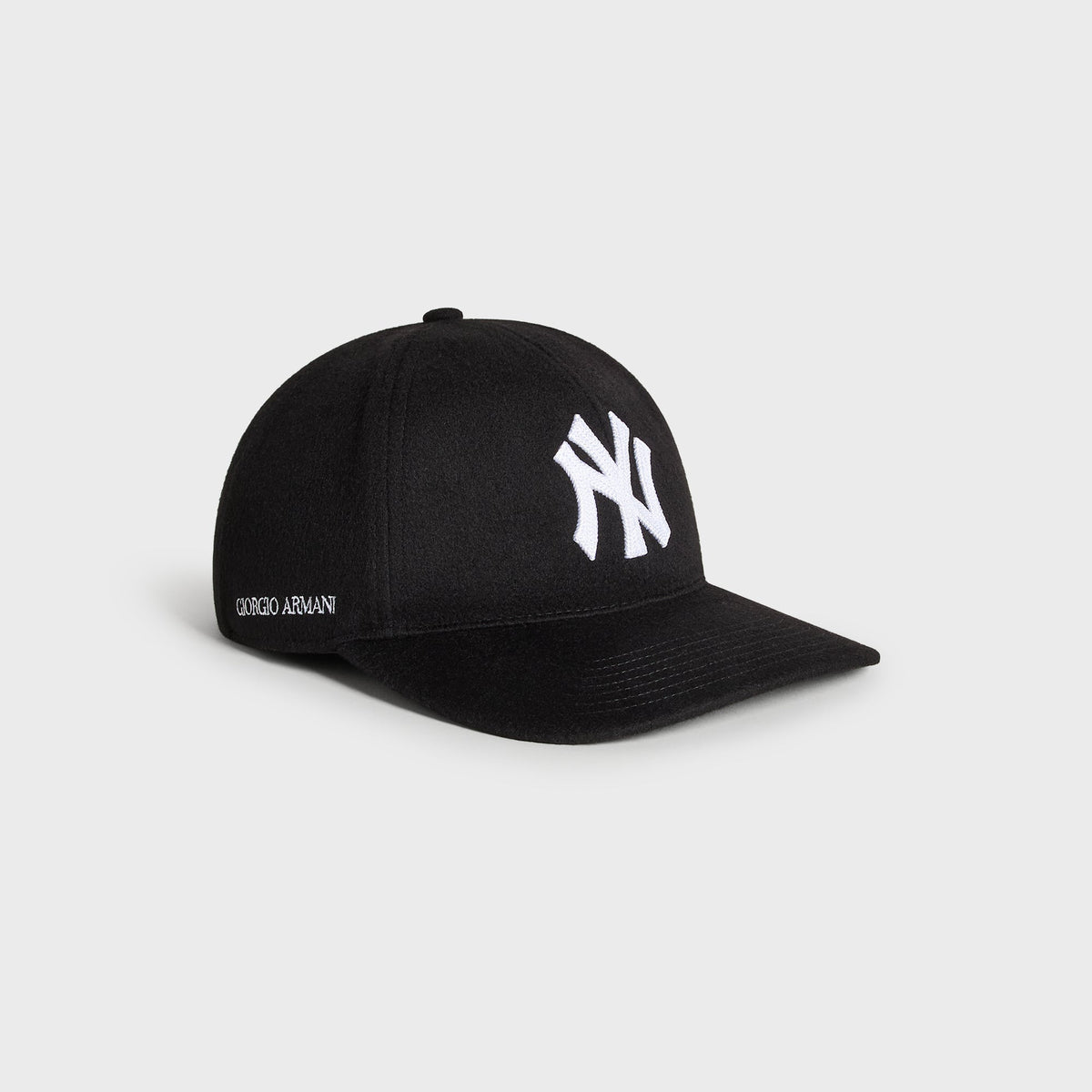 Giorgio Armani & Ronnie Fieg for '47 black wool fitted cap, three-quarter view with NY logo and Giorgio Armani embroidery on side