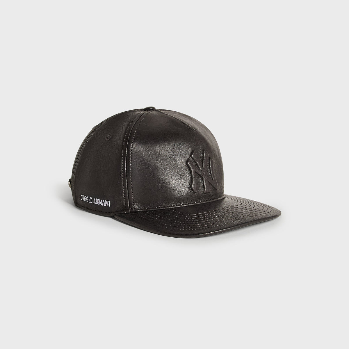 Giorgio Armani & Ronnie Fieg for '47 black soft leather Hitch cap, side view with embossed NY logo and Giorgio Armani embroidery
