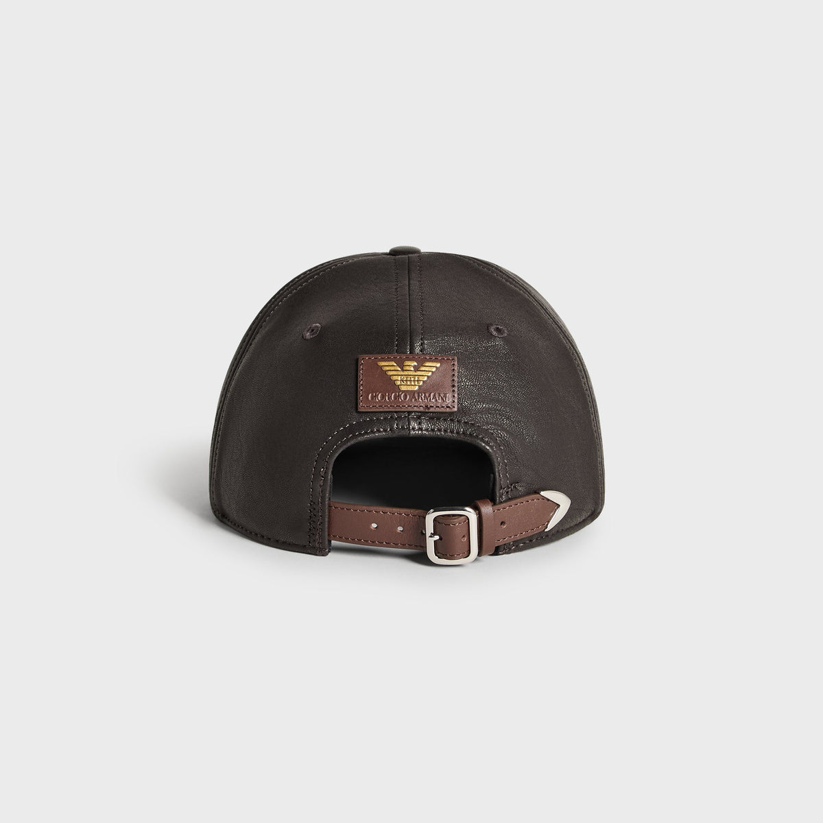 Giorgio Armani & Ronnie Fieg for '47 black soft leather Hitch cap, back view with brown leather strap and Armani eagle patch