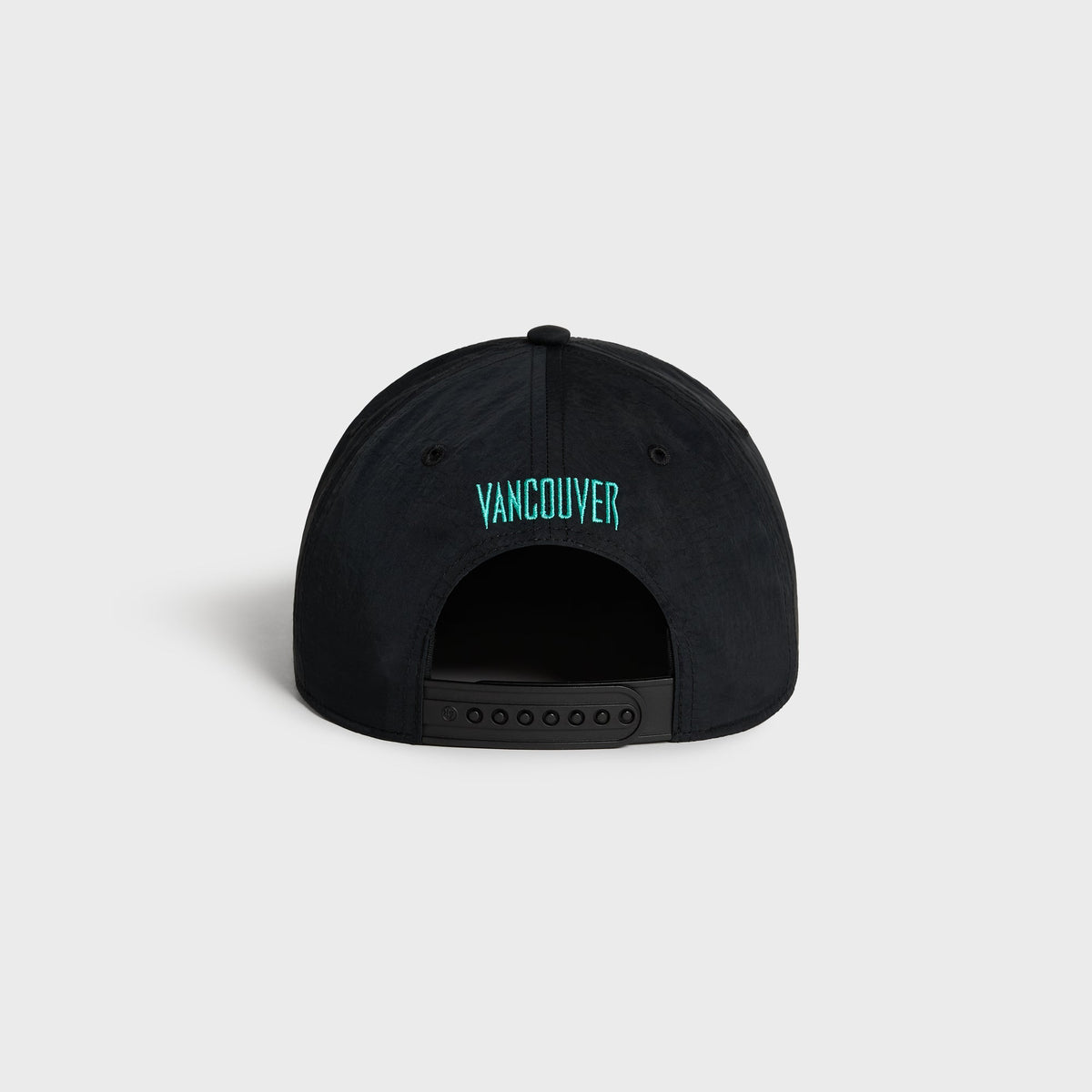 Kith & '47 Vancouver Grizzlies snapback cap in black, back view with teal Vancouver embroidery and plastic snap closure
