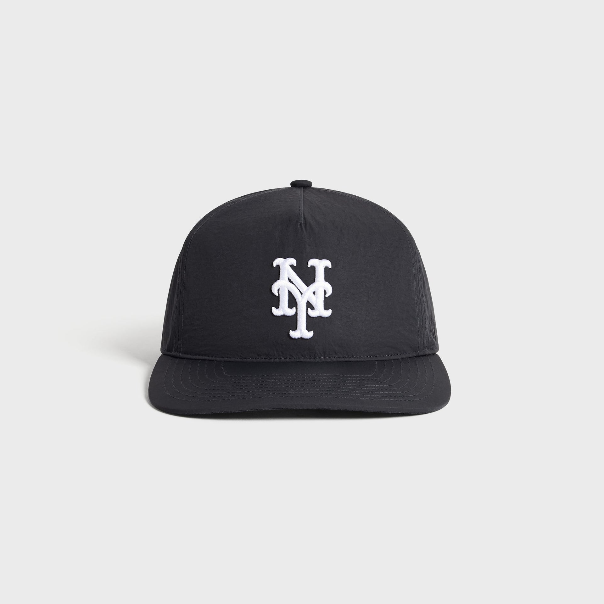 Kith and '47 for the New York Mets nylon SL Hitch snapback in black with white NY logo, front view