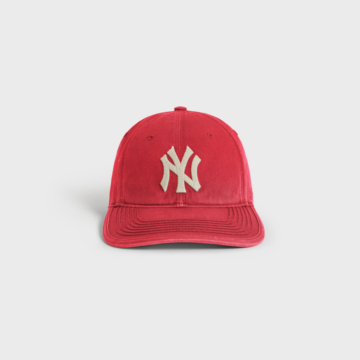 Kith & '47 Heavy Twill Franchise LS Cap in Retro red, front view with cream NY logo