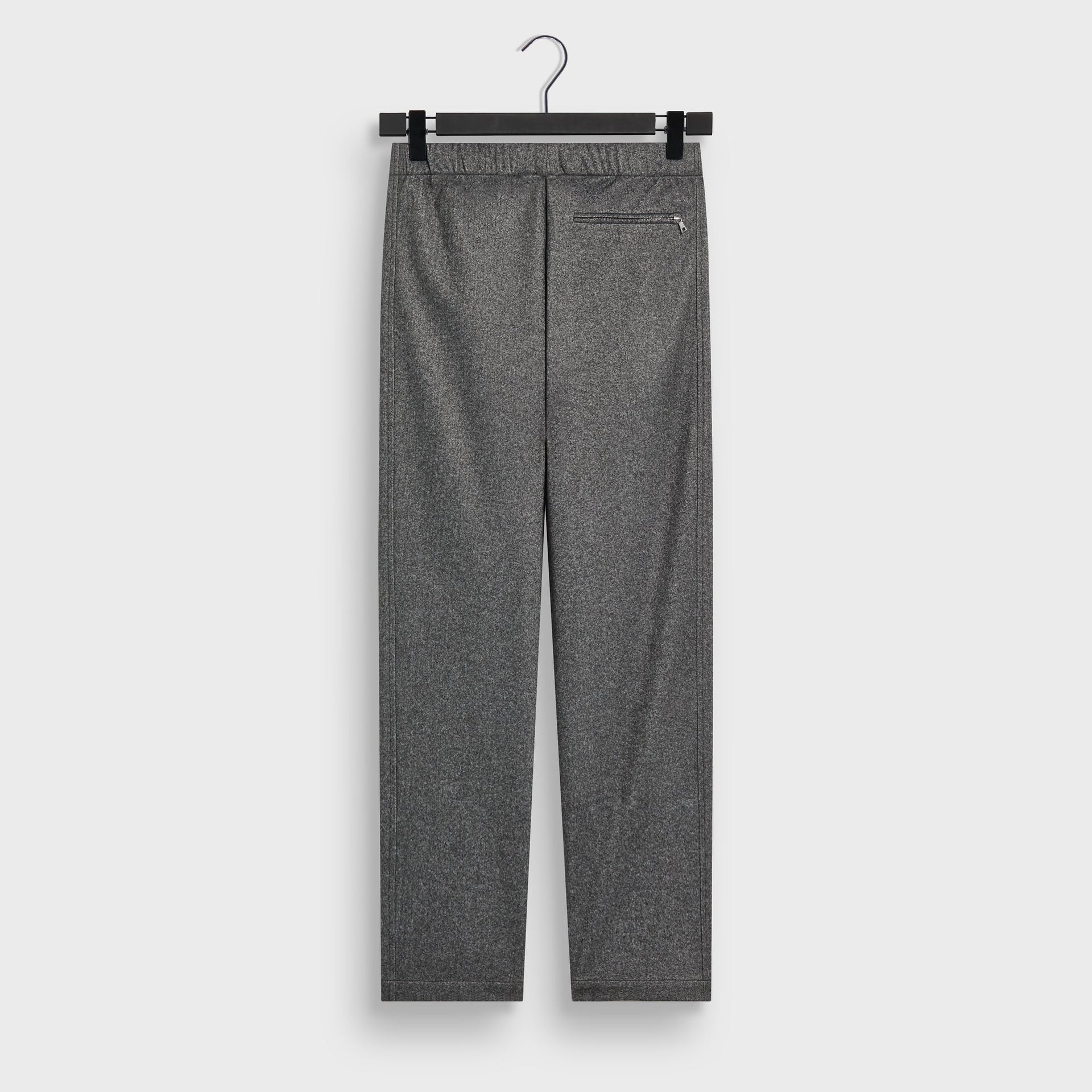 &Kin Matthias Track Pant in Charcoal Heather, back view on hanger with zip welt back pocket