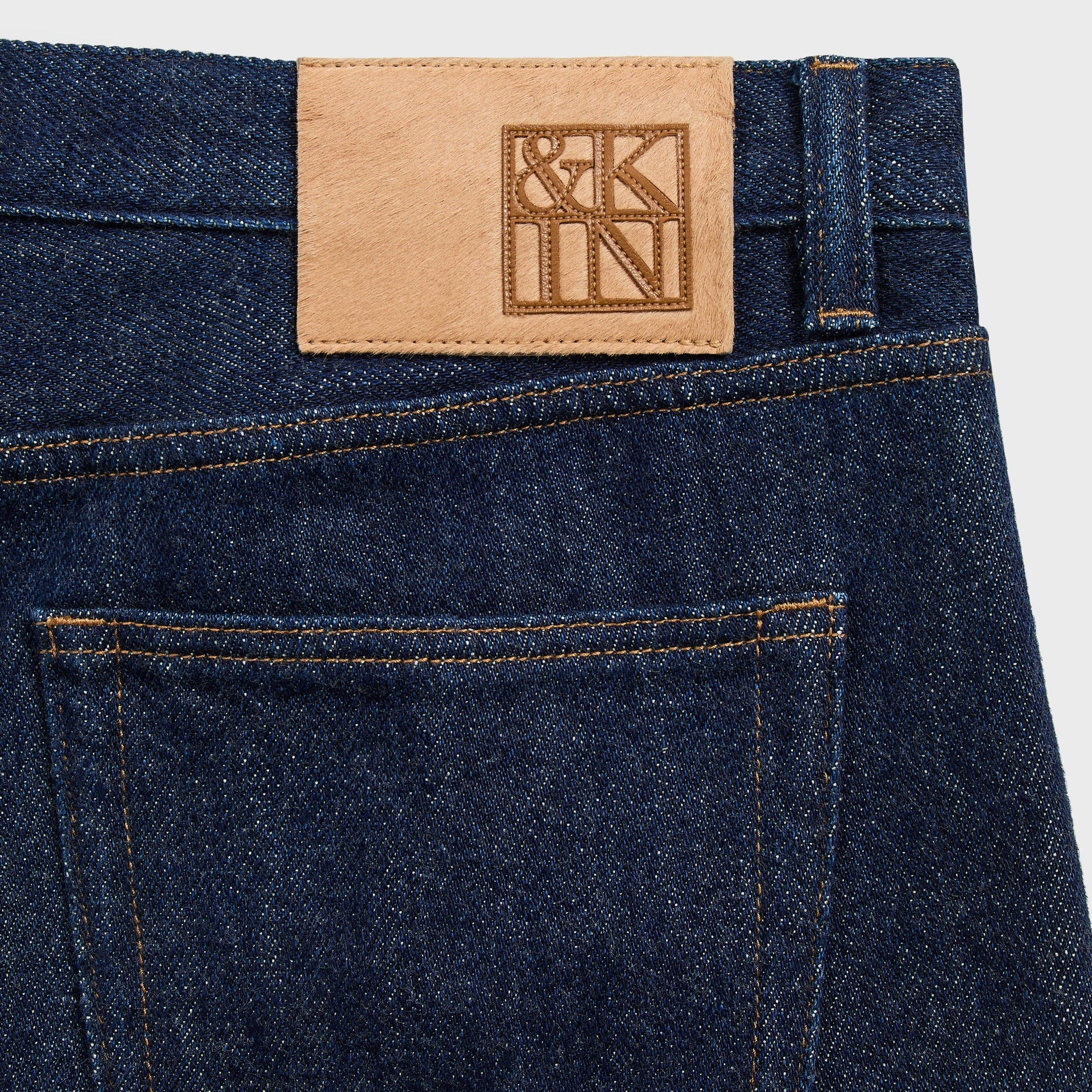 &Kin Webster Chill detail, tan calf-hair &Kin leather patch at the back waistband, Dark Indigo denim