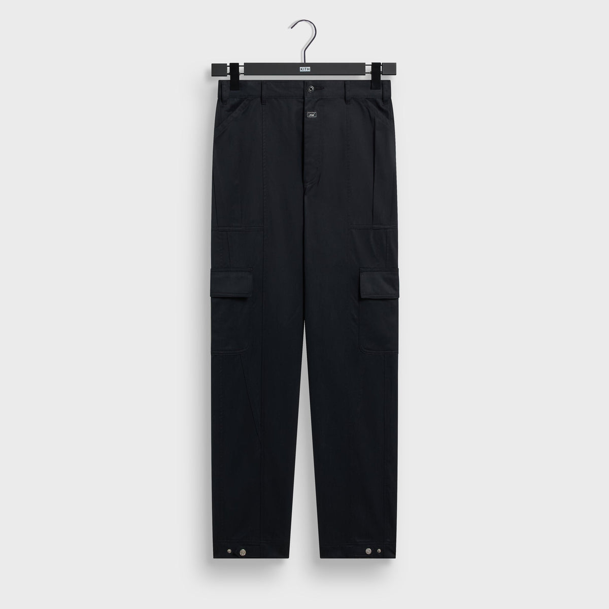 Kith Washed Herringbone Twill Gus Pant in black, front view, cargo trousers with flap pockets