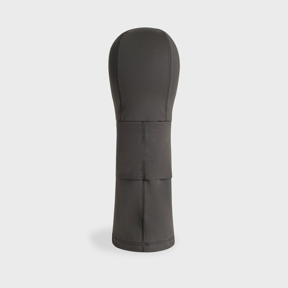 Kith Poly Balaclava in black laid flat, back view showing the smooth stretch poly fabric