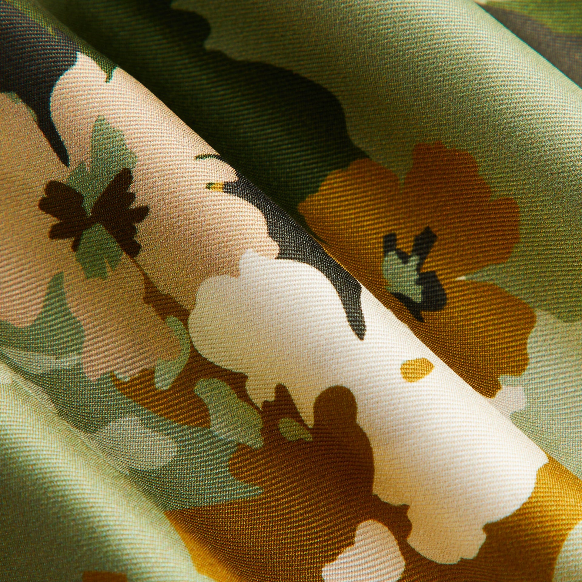 Macro detail of the sage floral silk print pattern on the Kith Printed Silk Neck Tie
