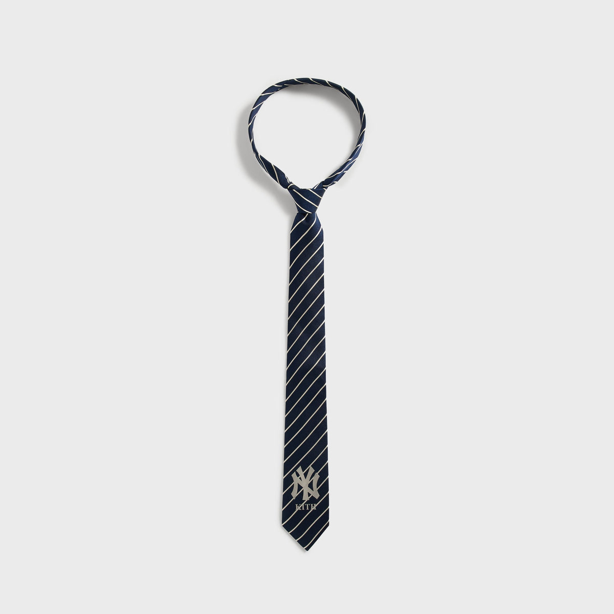 Kith x New York Yankees Nocturnal pinstripe silk tie, full length looped front view