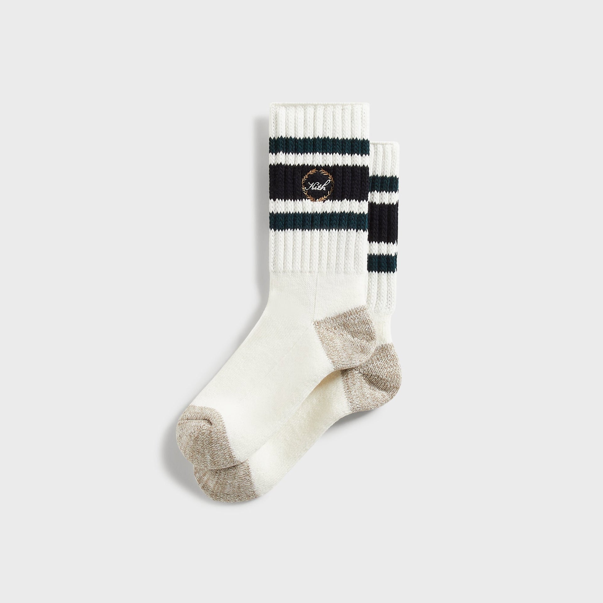 Pair of Kith Laurel Stripe Chunky Crew Socks in Silk, cream with navy and teal stripes and tan heel