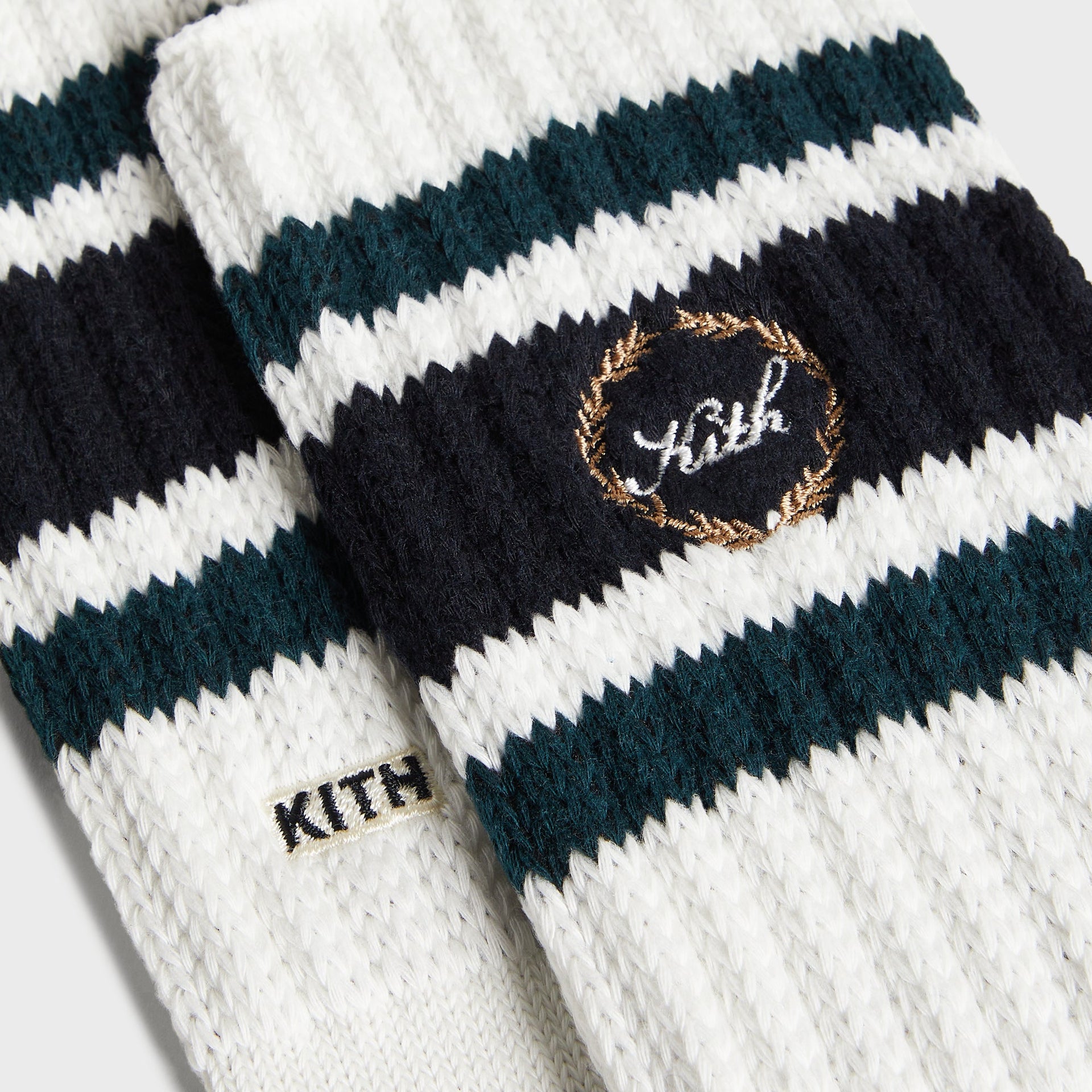 Close-up of the striped cuff and embroidered laurel crest logo on the Kith Chunky Crew Sock