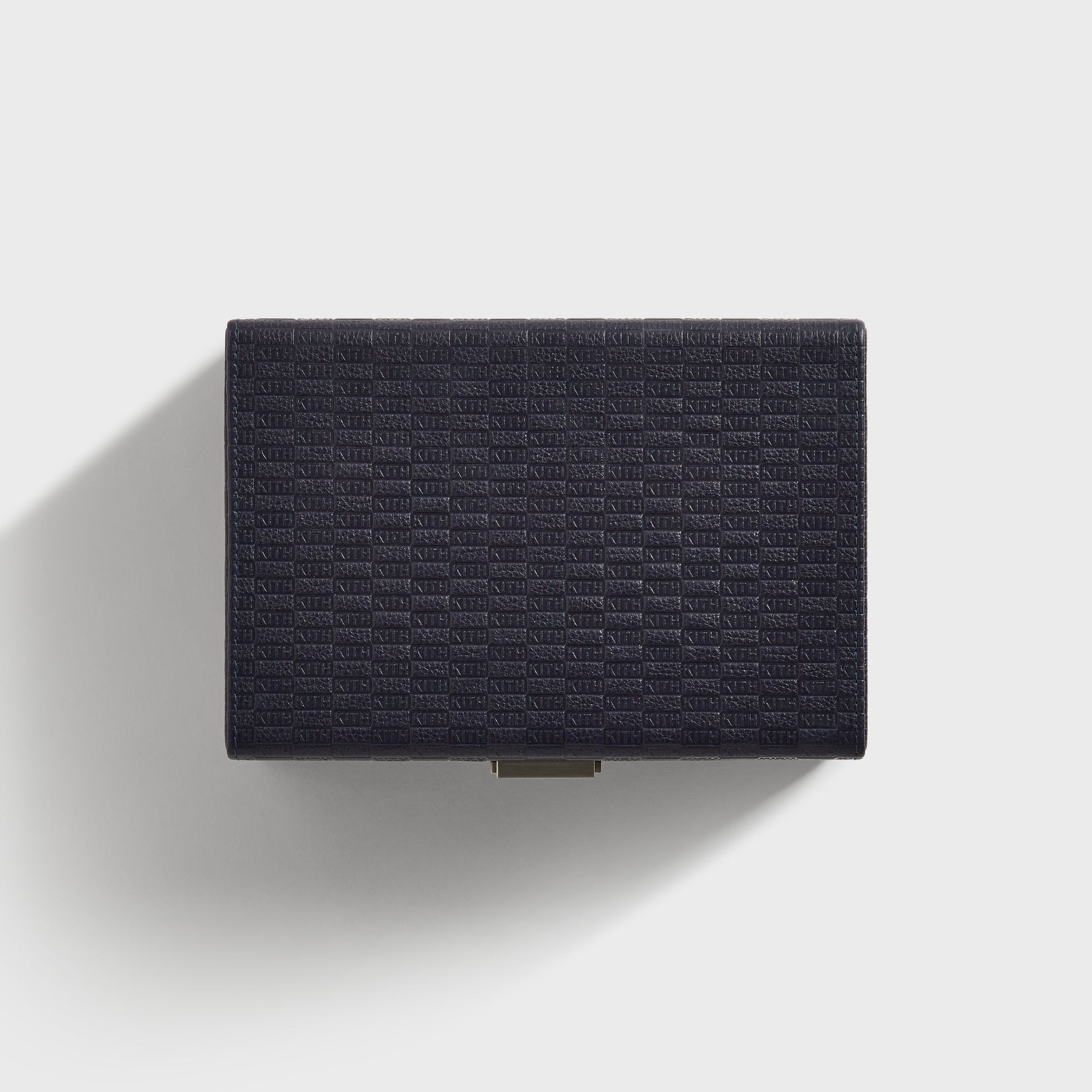 Kith Monogram Tumbled Saffiano Leather Watch Box in Ink, closed top-down view showing lid and clasp