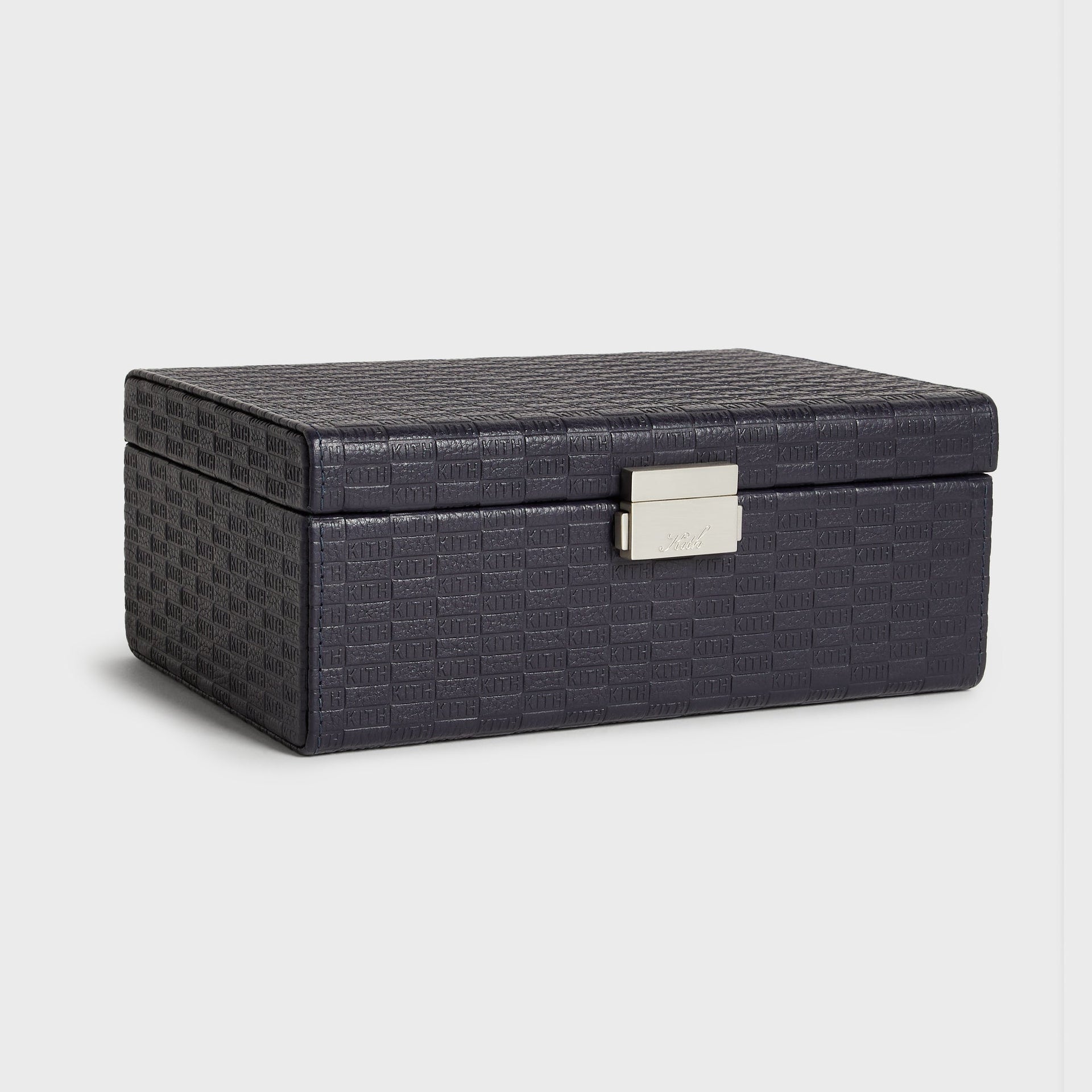 Kith Monogram Tumbled Saffiano Leather Watch Box in Ink, closed three-quarter view showing embossed KITH pattern