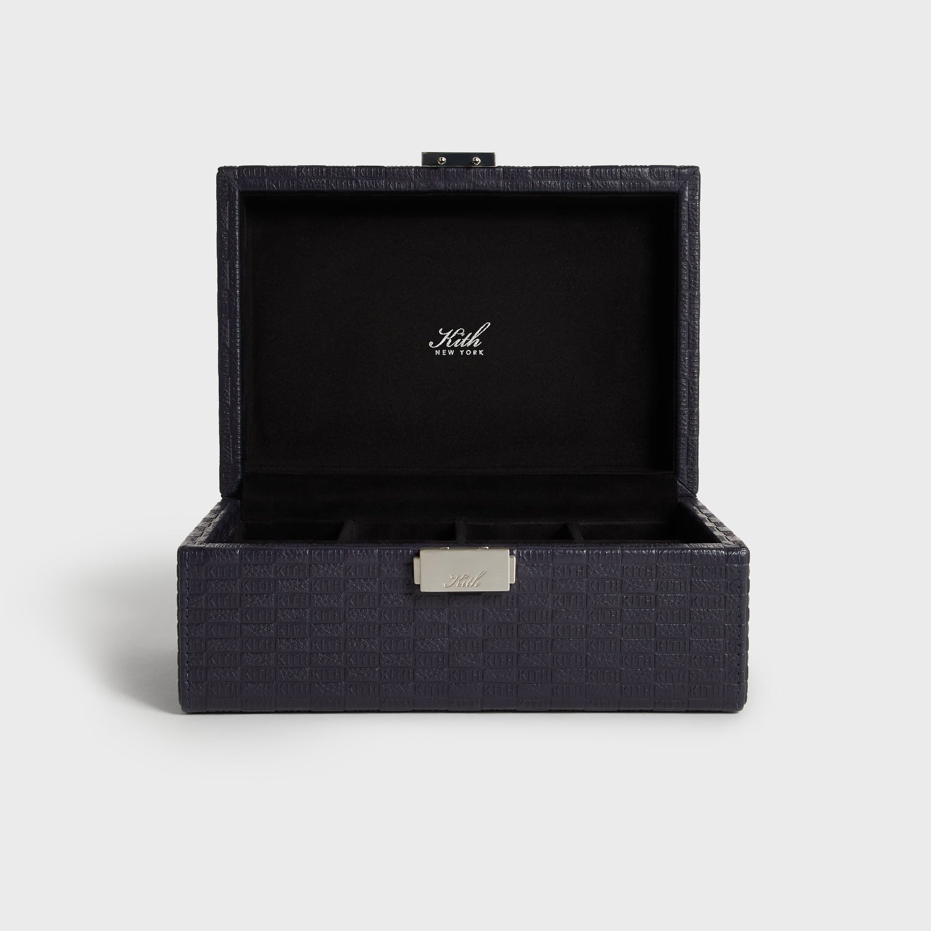 Kith Monogram Tumbled Saffiano Leather Watch Box in Ink, open straight-on view showing watch compartments