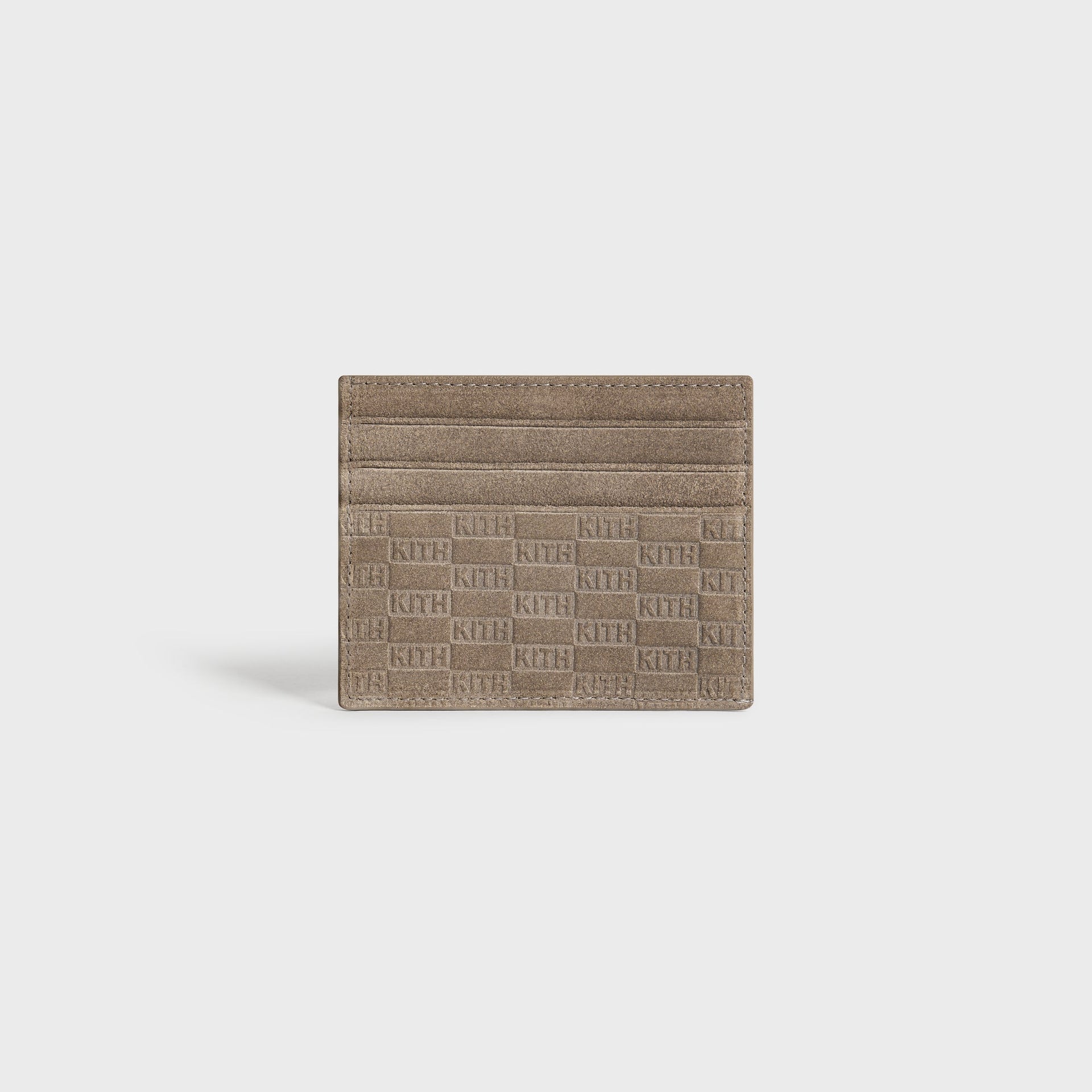 Kith Monogram Suede Cardholder in Java, front view showing embossed KITH pattern across taupe suede card slots