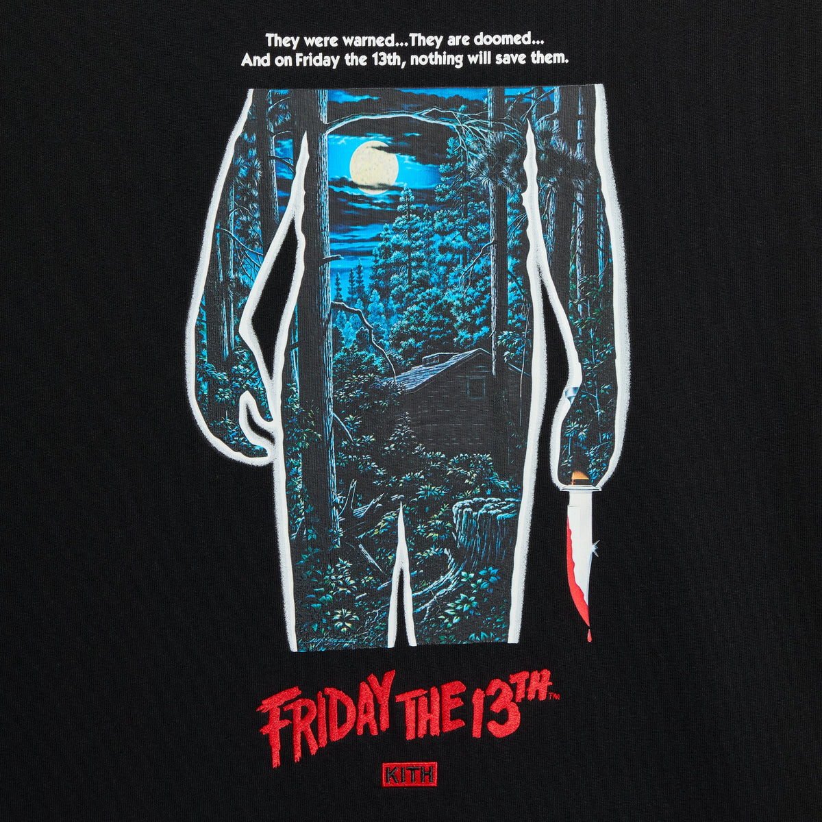Close-up of forest silhouette poster print, red Friday the 13th embroidery and Kith logo on Jason Part II Nelson Crewneck