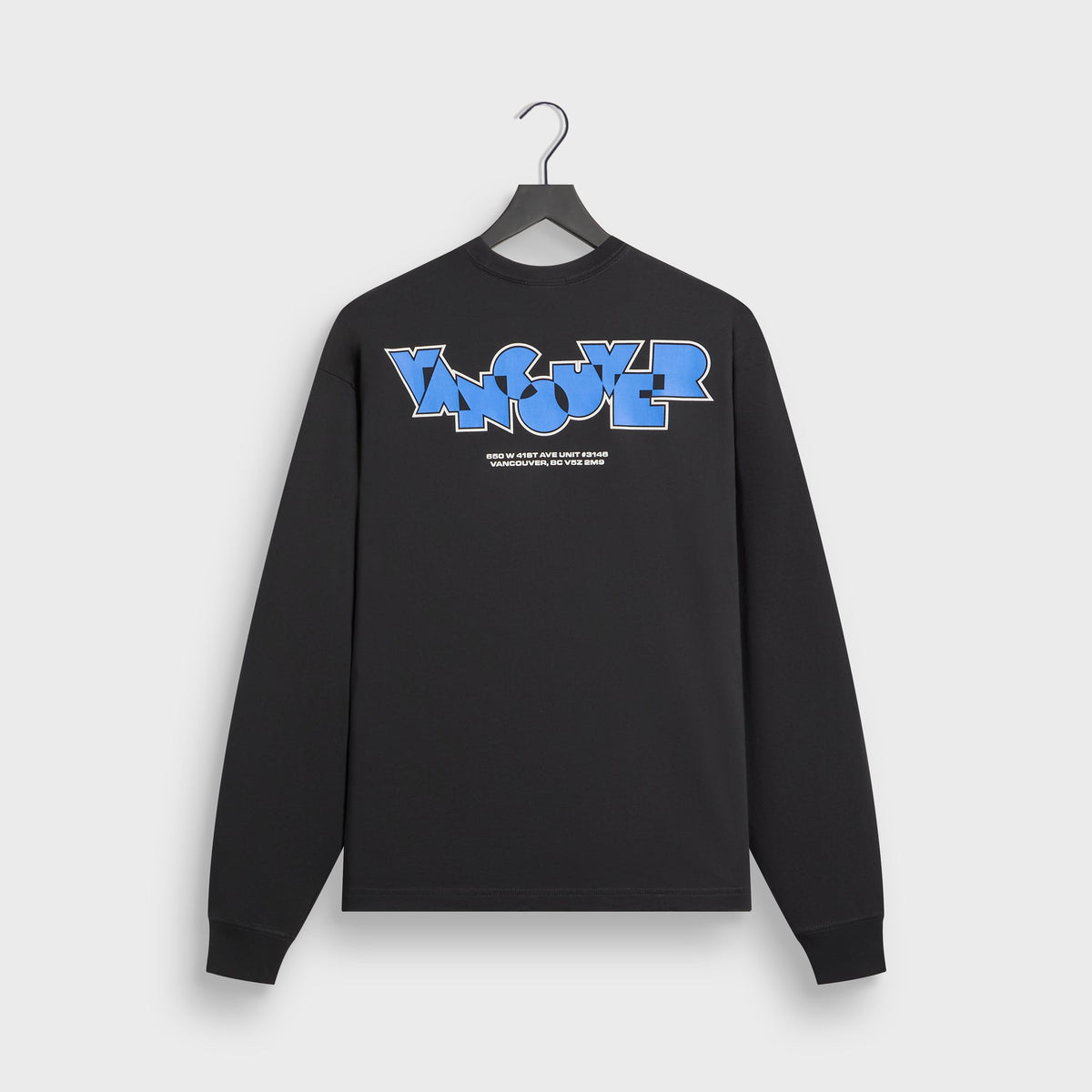 Kith Vancouver Geometric long sleeve tee in black on hanger, back view with blue Vancouver graphic and address print