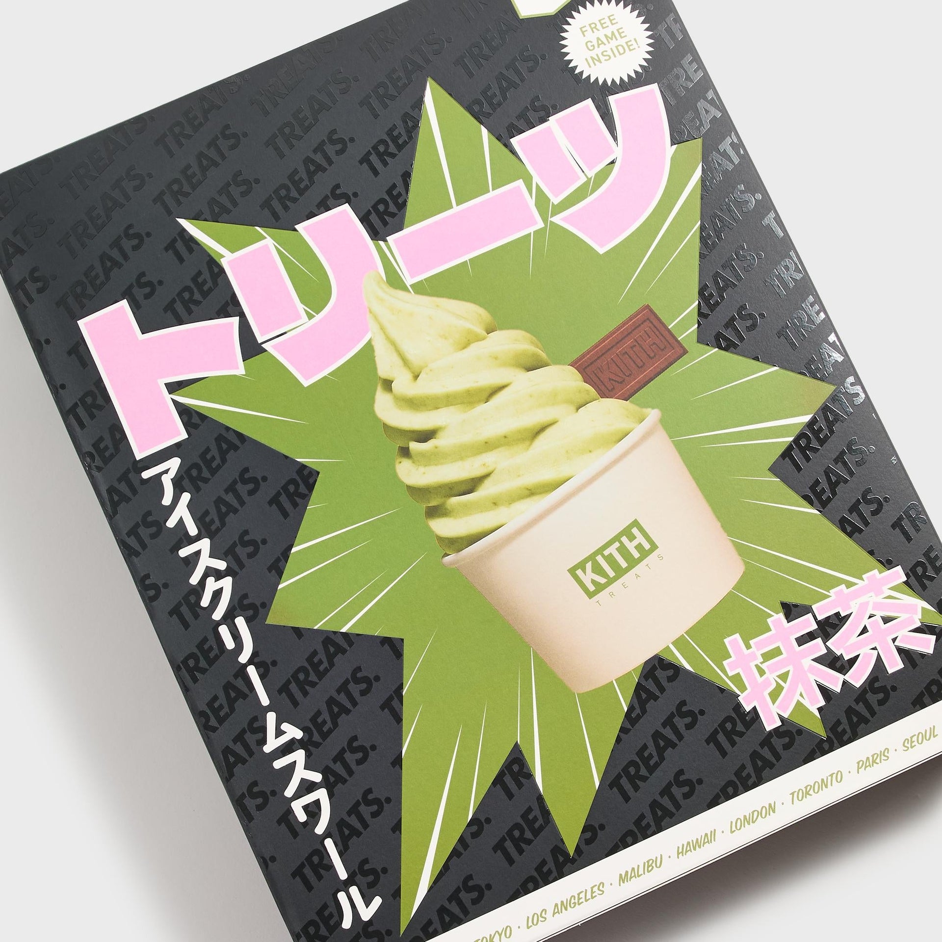 Angled Kith Treats matcha box front, matcha soft-serve swirl cup with Kith chocolate on green comic burst
