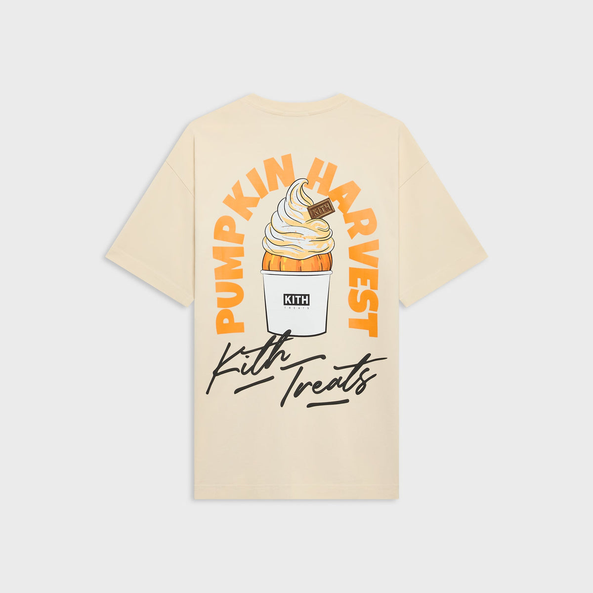Kith Treats Pumpkin Harvest Pocket Tee in Sandrift cream, back view with Pumpkin Harvest arch graphic and soft-serve cup