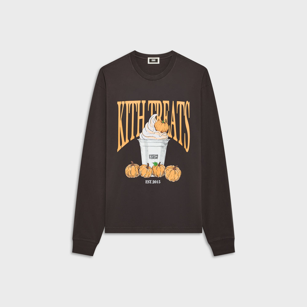 Kith Treats Pumpkin Harvest Long Sleeve Tee in Kindling dark brown, front with Kith Treats pumpkin soft-serve cup graphic
