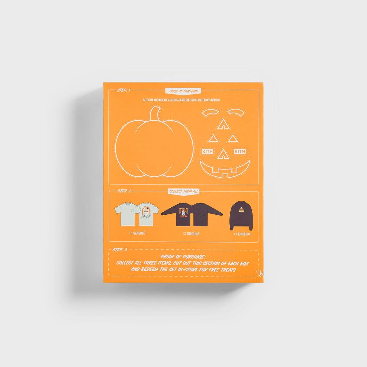 Back of orange Kith Treats Pumpkin Harvest box with jack-o'-lantern cut-out template and collect-all-three checklist