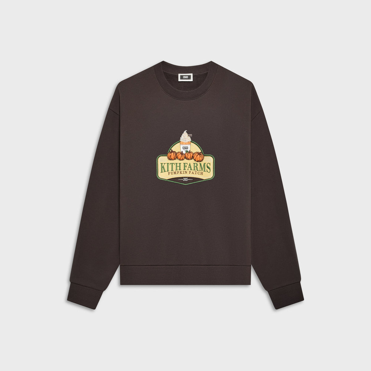 Kith Treats Pumpkin Harvest Nelson Crewneck in Kindling dark brown, front with Kith Farms Pumpkin Patch embroidered patch