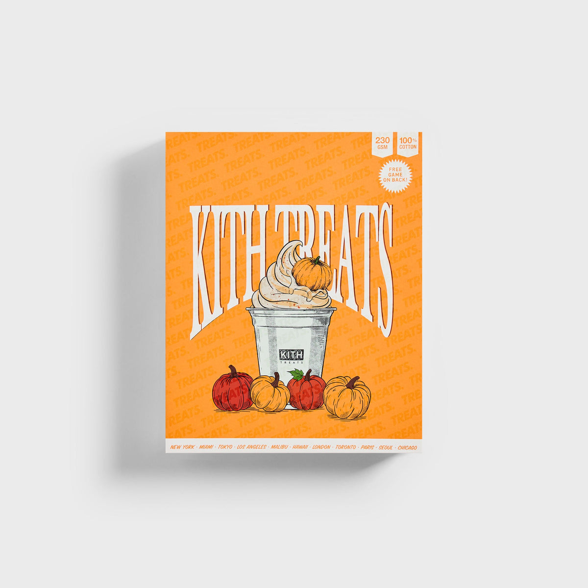 Orange Kith Treats Pumpkin Harvest collectible box packaging sold with the Nelson Crewneck, front view