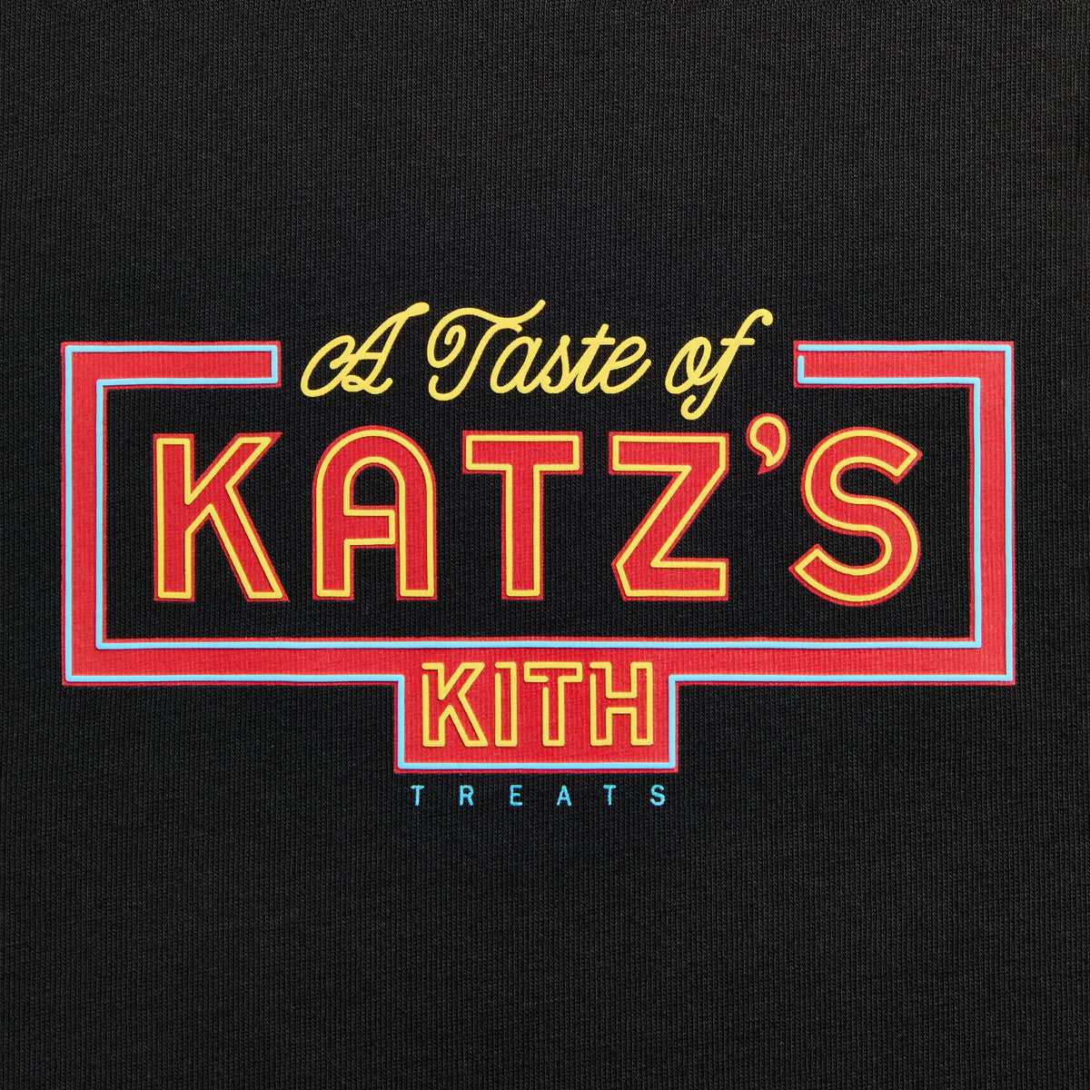 Close-up of red, yellow and blue neon-sign-style 'A Taste of Katz's' Kith Treats graphic on black T-shirt chest