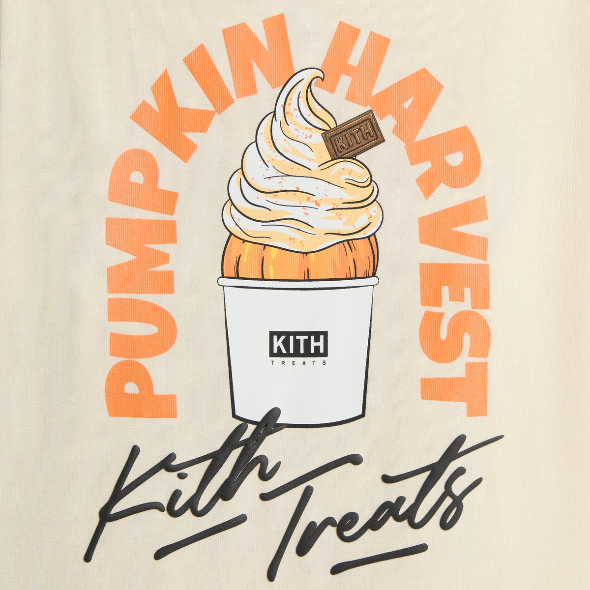 Close-up of Pumpkin Harvest back graphic on Kith Kids Treats tee: orange arched lettering, soft-serve cup, Kith Treats script