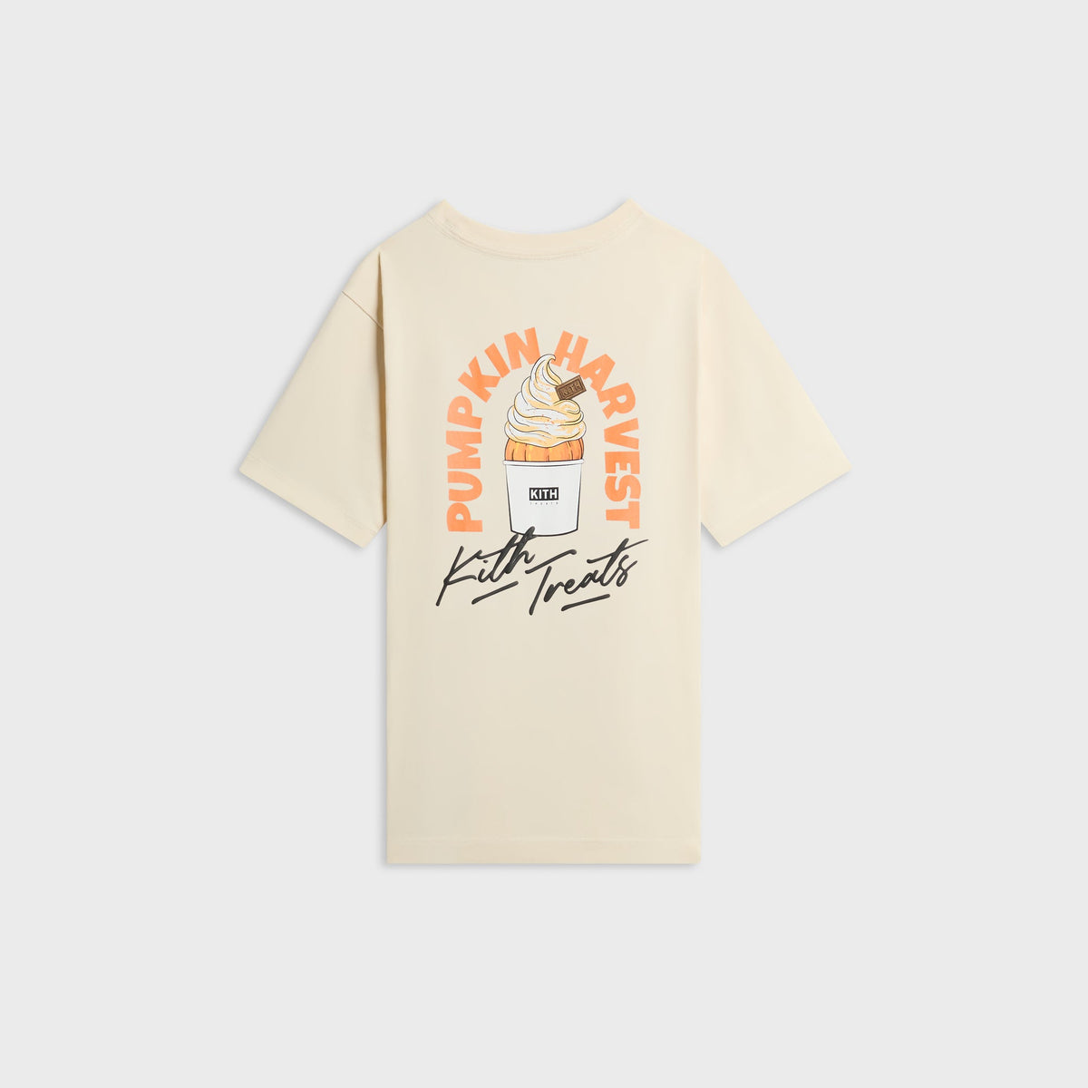 Kith Kids Treats Pumpkin Harvest Pocket Tee in Sandrift cream, back view with Pumpkin Harvest arch graphic and soft-serve cup