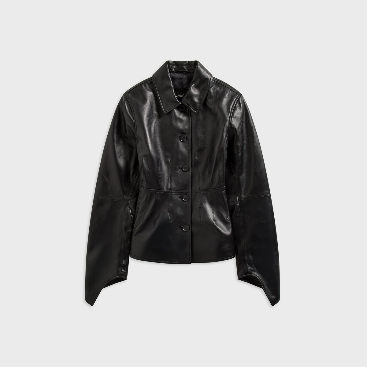 Kith Women Vivien leather corset jacket in glossy black with cinched waist and pointed cuffs, front flat-lay