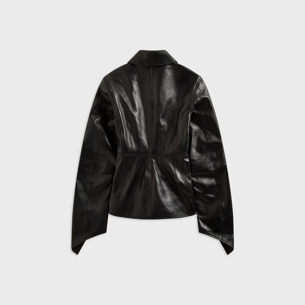 Kith Women Vivien leather corset jacket in glossy black, back flat-lay view showing corset seaming