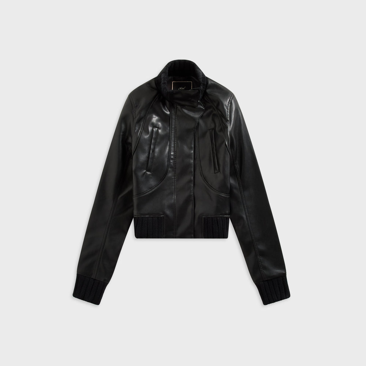 Kith Women Syd faux leather Harrington jacket in black with rib-knit collar and slanted welt pockets, front flat-lay