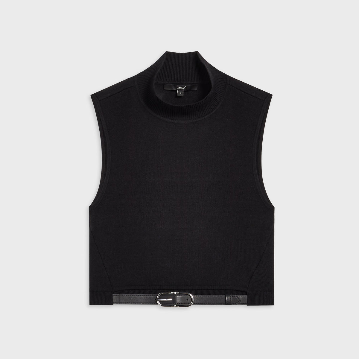 Kith Women Aria belt tank in black knit with mock neck and leather waist belt buckle, front flat-lay