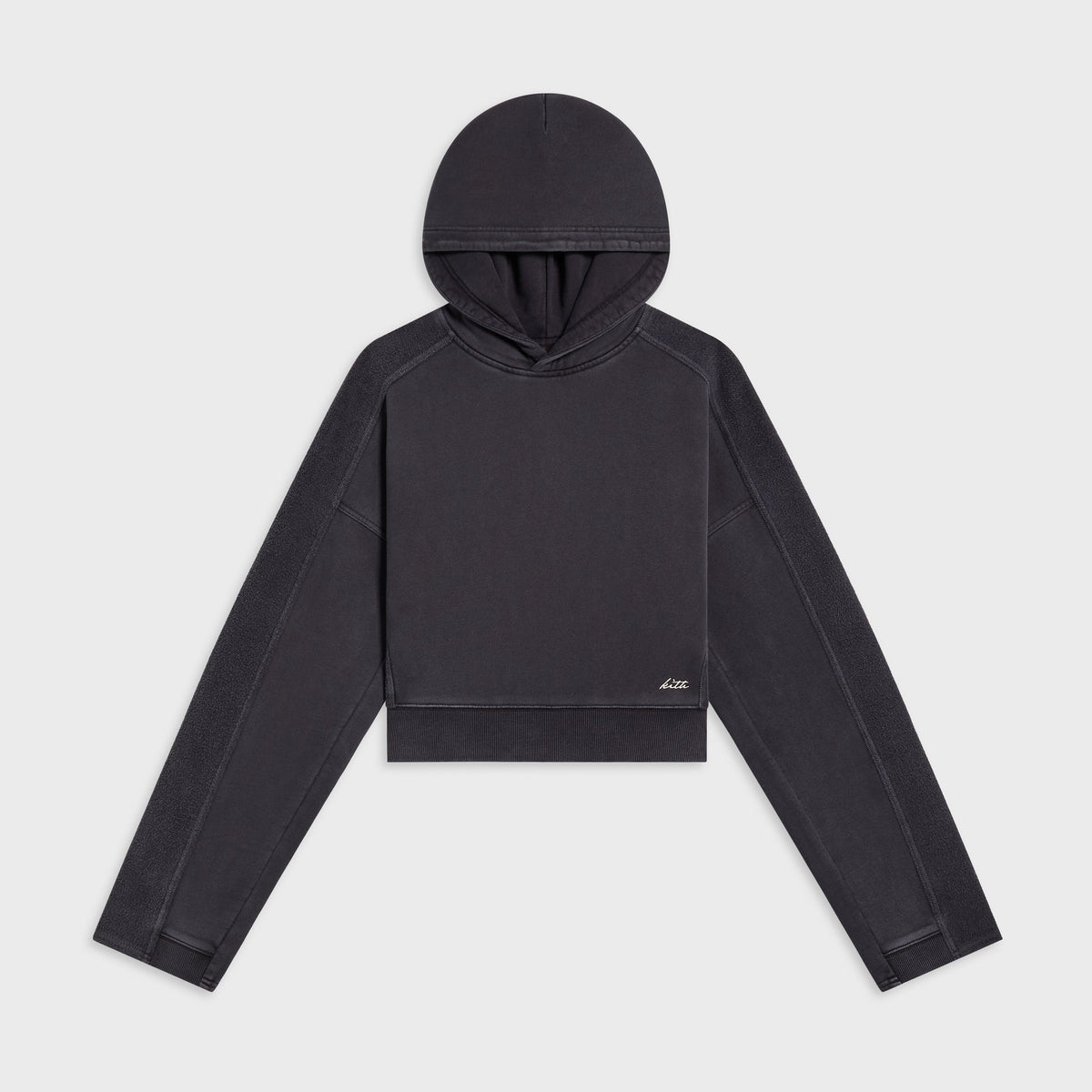 Kith Women Elvina paneled hoodie in faded black with textured sleeve panels, front flat-lay view