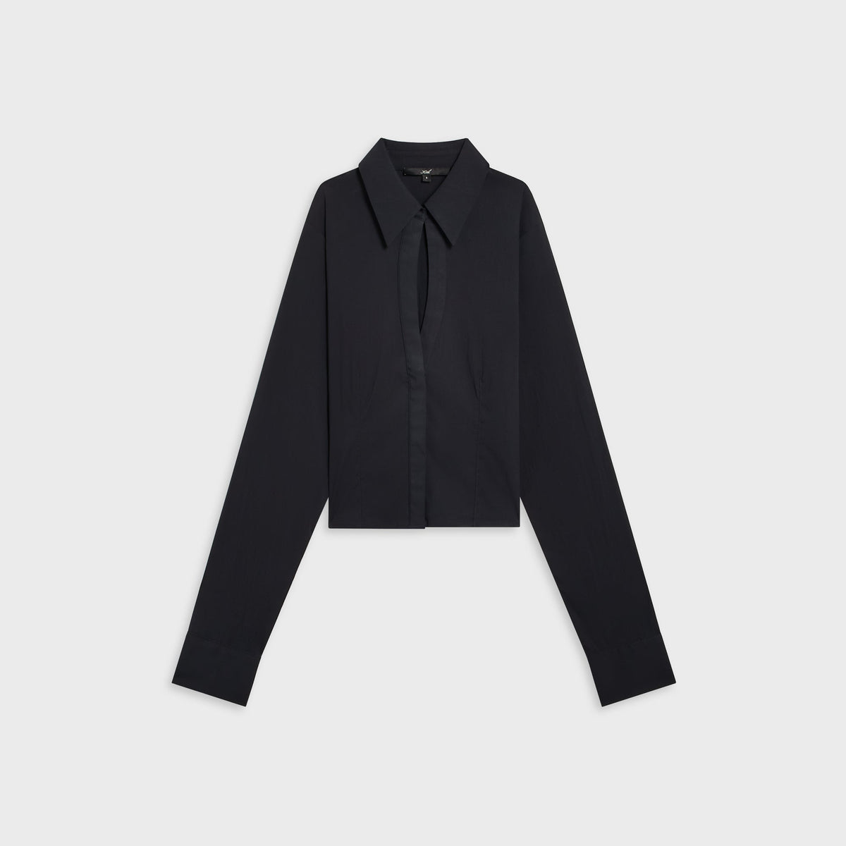 Kith Women Camilla plunge shirt in black with keyhole collar opening, front flat-lay view