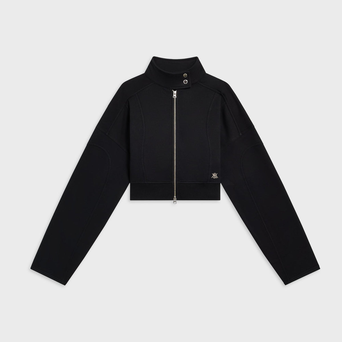 Kith Women Evie moto paneled jacket in black with snap collar and silver zipper, front flat-lay view