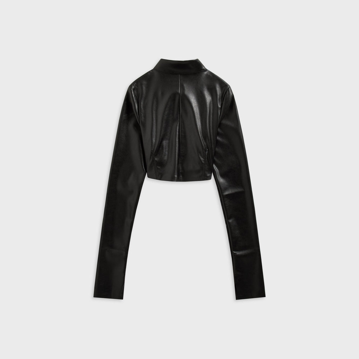 Kith Women Duri faux leather cropped top in black, back flat-lay view showing raglan sleeves