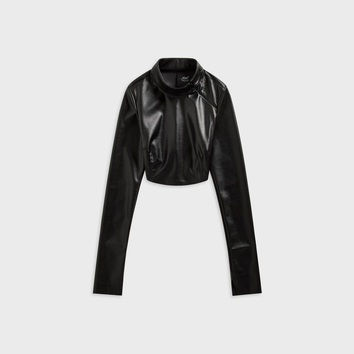 Kith Women Duri faux leather cropped top in black with asymmetrical zip collar, front flat-lay view