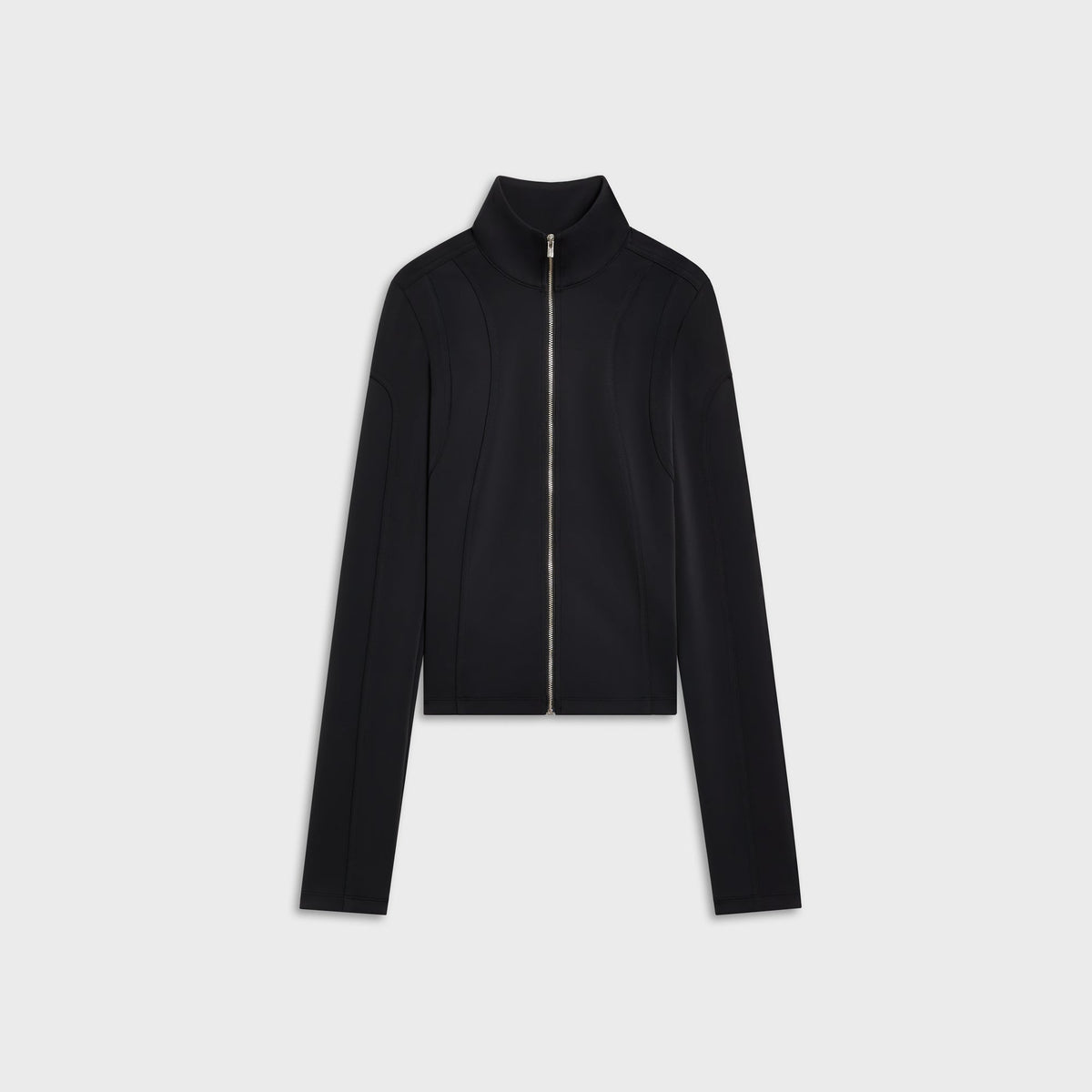 Kith Women Nabi curved seam long sleeve jacket in black, front flat-lay view with high collar and silver zipper