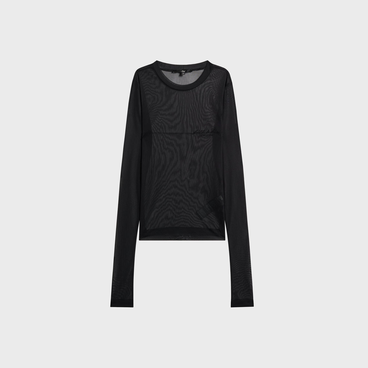 Kith Women Nori mesh long sleeve tee in black, sheer front flat-lay view with tonal Kith & Kin New York logo at chest