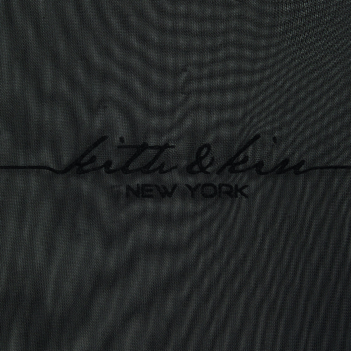 Close-up of tonal Kith & Kin New York script logo on the Nori mesh long sleeve tee in black