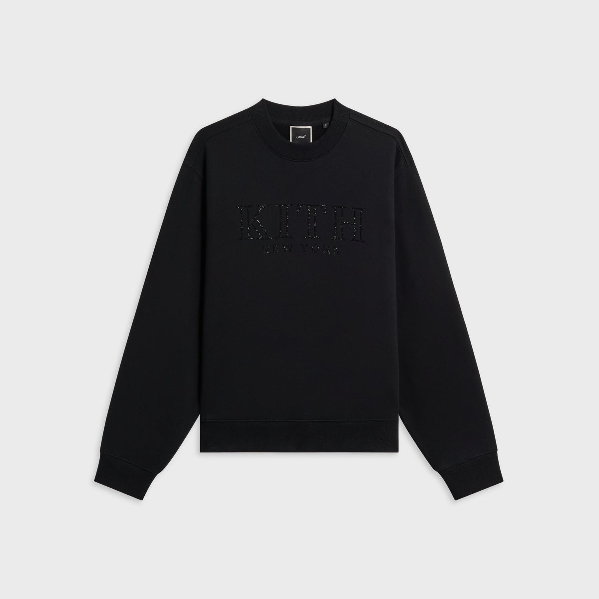 Kith Women Ashwin crewneck sweatshirt in black with crystal Kith New York serif logo, front flat-lay