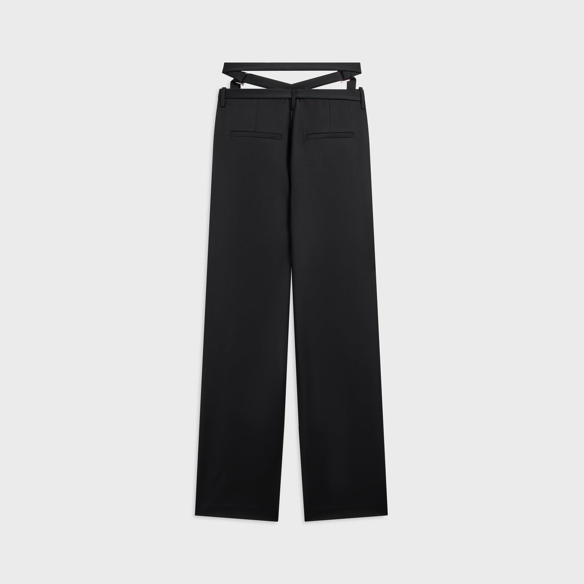 Kith Women Tallis waist strap suiting trouser in black, back flat-lay view with besom pockets