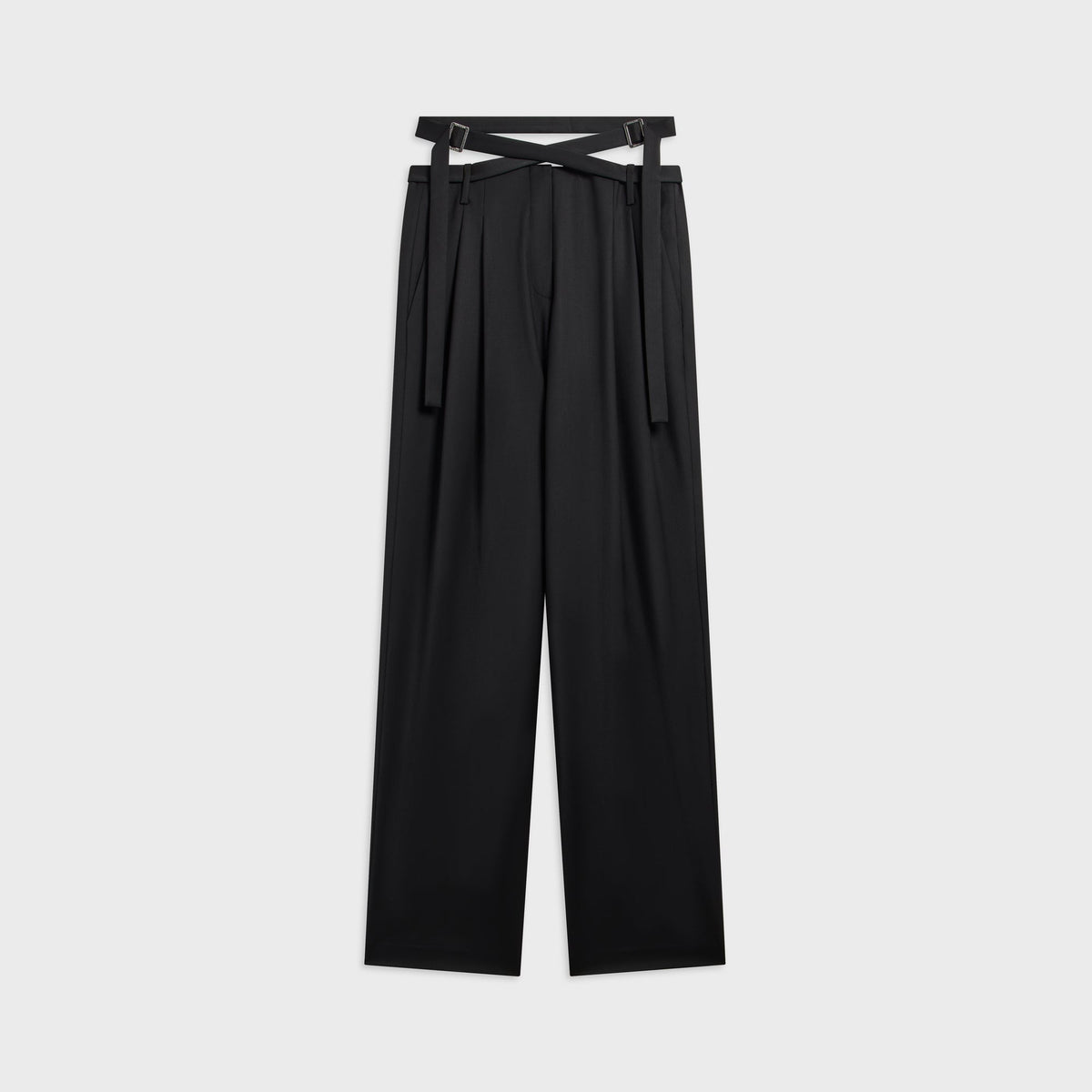 Kith Women Tallis waist strap suiting trouser in black with wide leg and crossed waist straps, front flat-lay