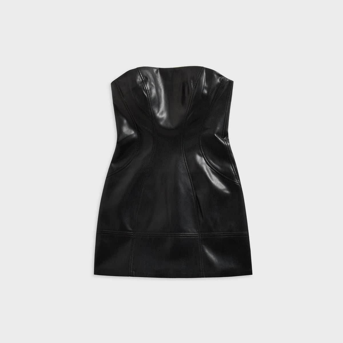 Kith Women Saja strapless faux leather mini dress in black with structured bustier seaming, front flat-lay