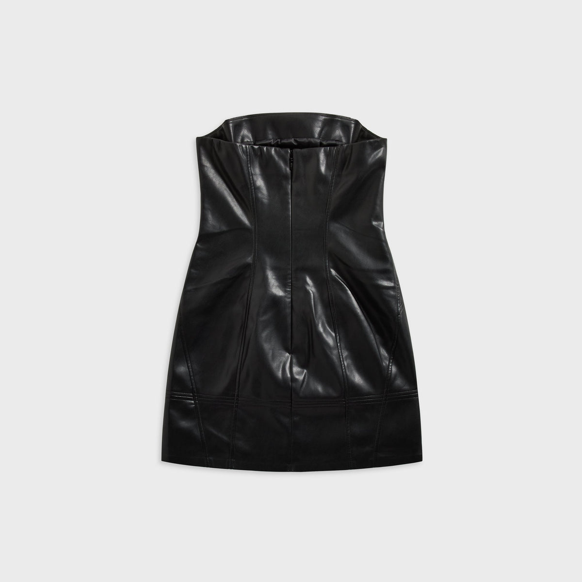 Kith Women Saja strapless faux leather mini dress in black, back flat-lay view showing center zipper