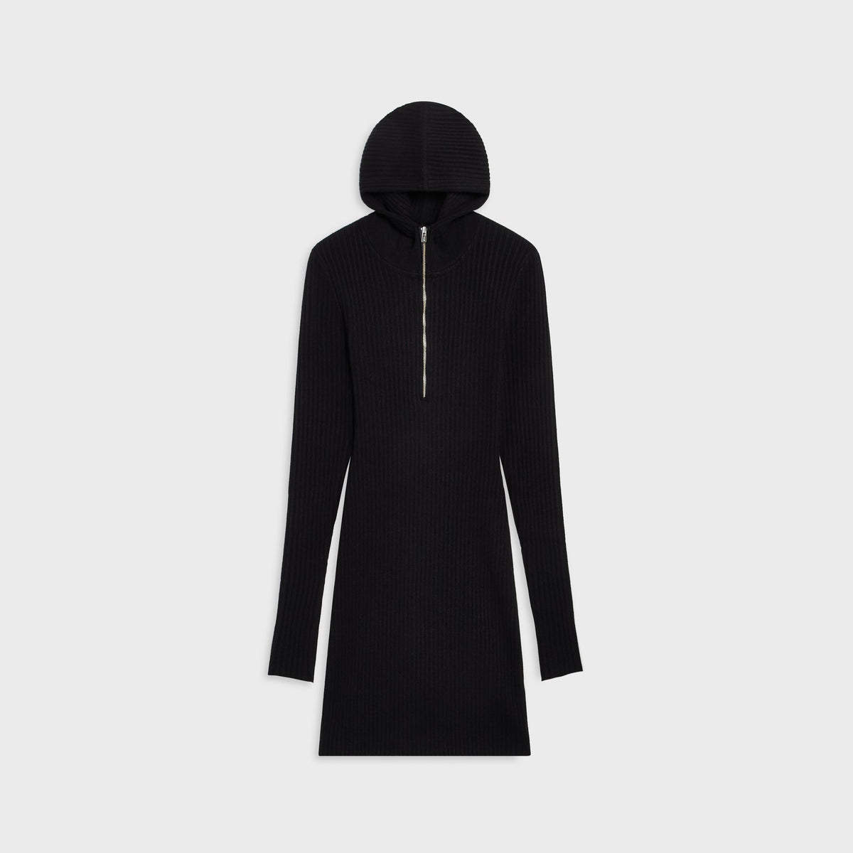 Kith Women Amayna hooded mini dress in black ribbed knit with half-zip hood, front flat-lay view